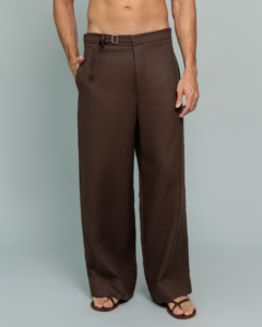 20Two Elemental ROOT TROUSER in Desert Dusk brown pure linen, front waist detail, GHAF capsule collection