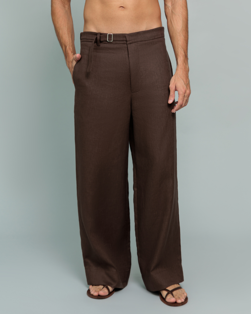 20Two Elemental ROOT TROUSER in Desert Dusk brown pure linen, front waist detail, GHAF capsule collection