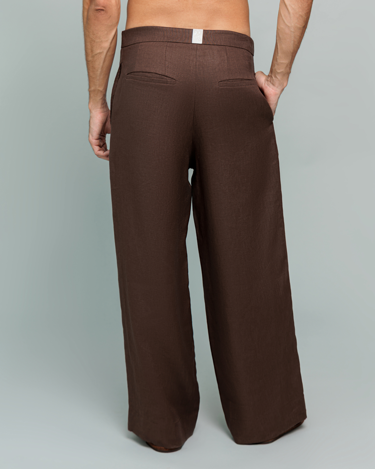 20Two Elemental ROOT TROUSER in Desert Dusk brown linen, wide leg silhouette, front view