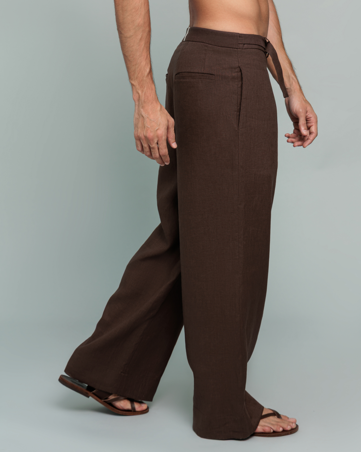 20Two Elemental ROOT TROUSER in Desert Dusk brown linen, full length front view, GHAF capsule