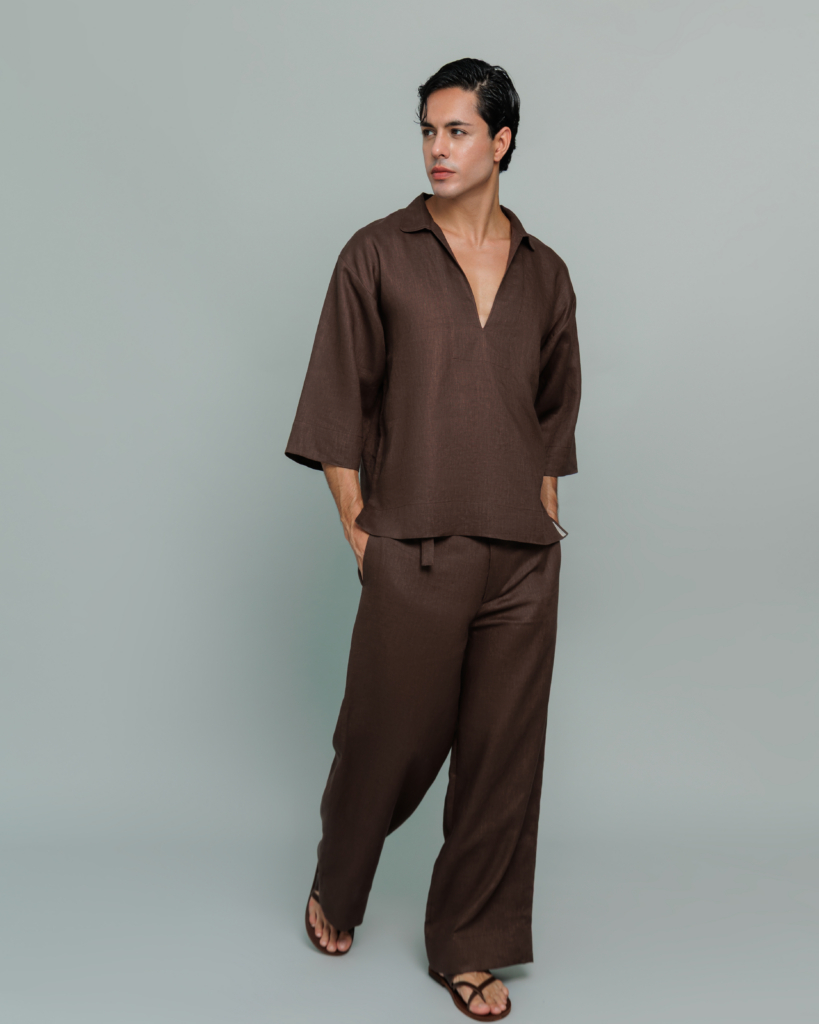 20Two Elemental GRAIN TOP and ROOT TROUSER in Desert Dusk brown pure linen, front view, GHAF capsule menswear