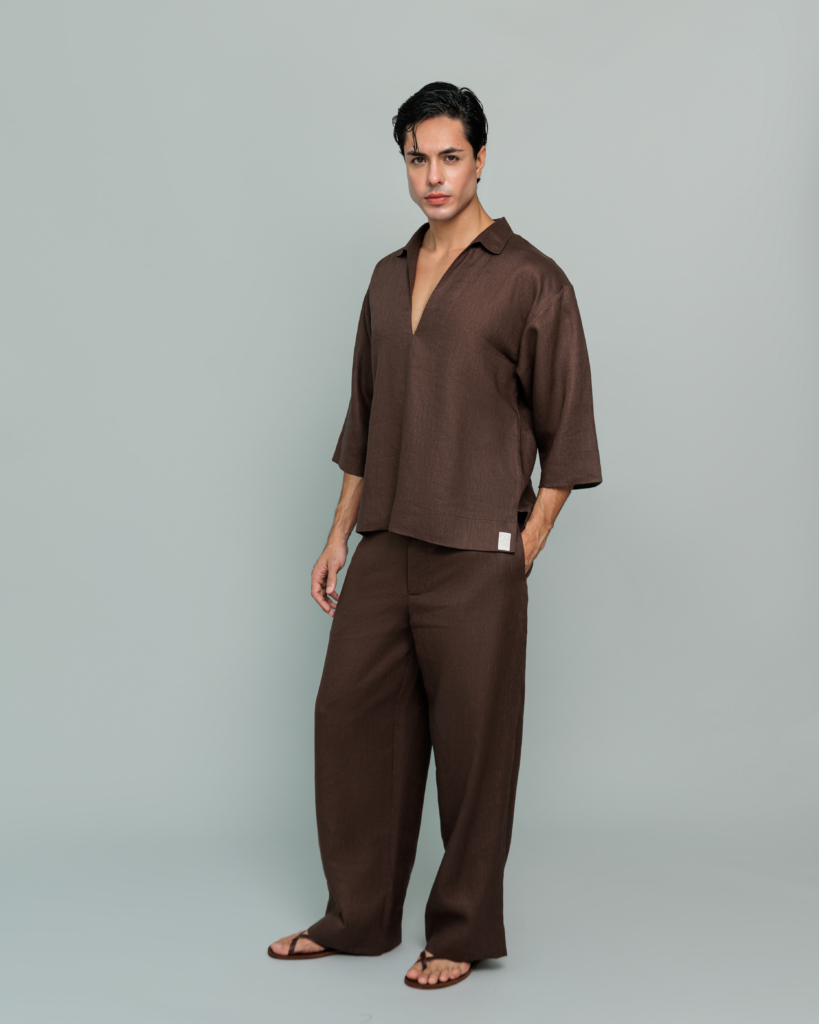 20Two Elemental GRAIN TOP and ROOT TROUSER in Desert Dusk brown pure linen, back view, GHAF capsule