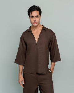 20Two Elemental GRAIN TOP in Desert Dusk brown linen, deep V neck front close up, no fastening pullover, GHAF capsule