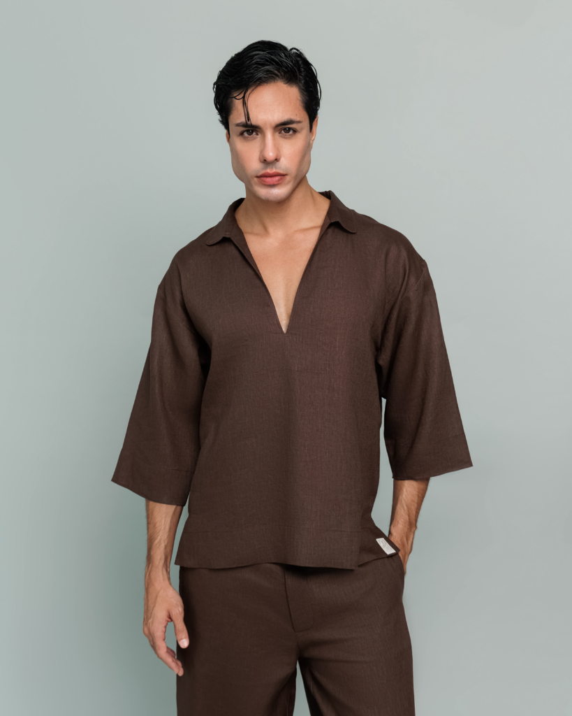 20Two Elemental GRAIN TOP in Desert Dusk brown linen, deep V neck front close up, no fastening pullover, GHAF capsule
