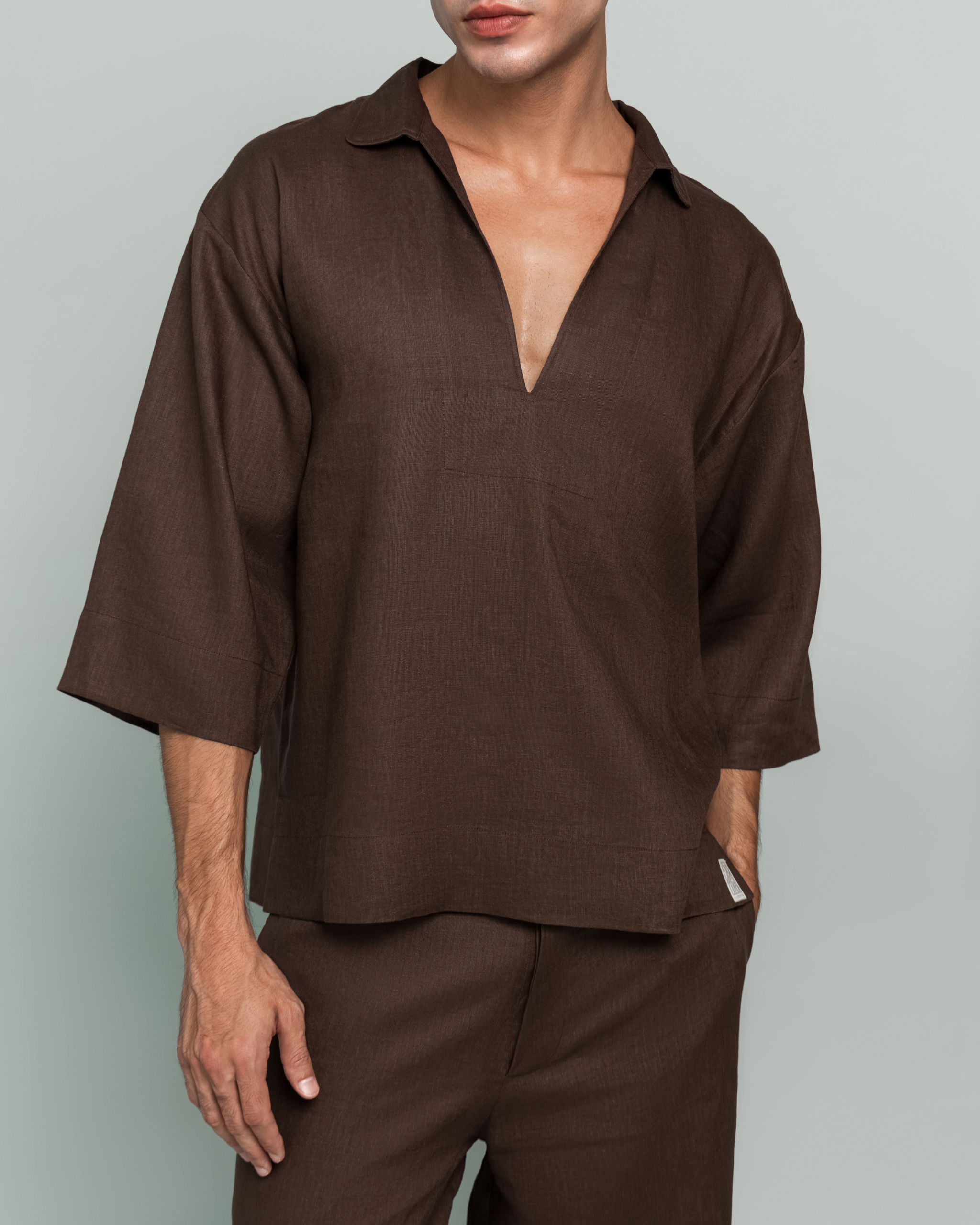 20Two Elemental GRAIN TOP and ROOT TROUSER in Desert Dusk brown pure linen, side profile, GHAF capsule