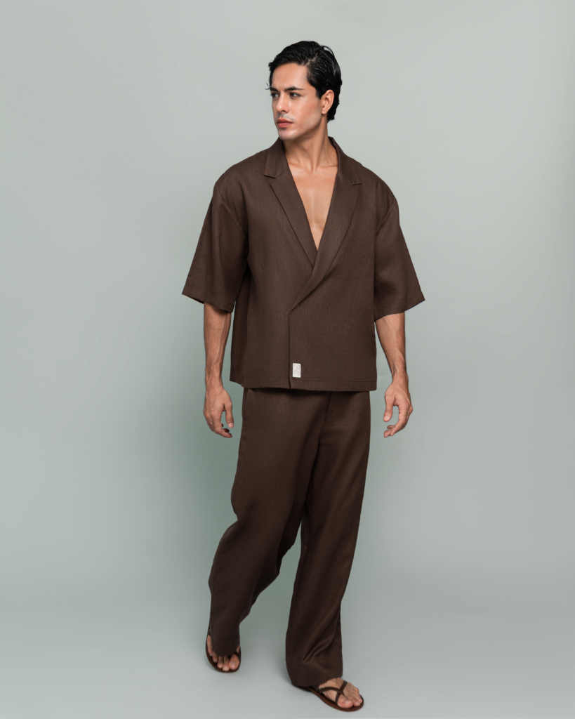 20Two Elemental SHADE OVER-SHIRT worn open over GRAIN TOP and ROOT TROUSER, Desert Dusk brown linen, 3/4 front view