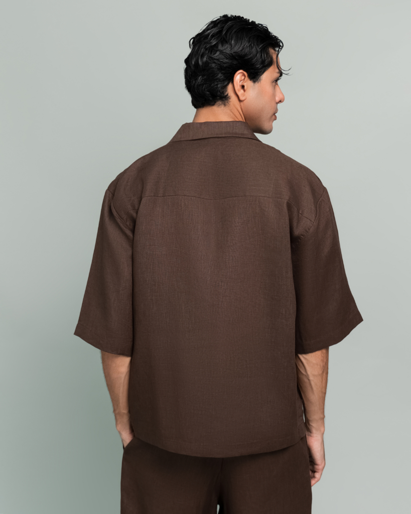 20Two Elemental GHAF capsule outfit in Desert Dusk brown pure linen, side profile close up