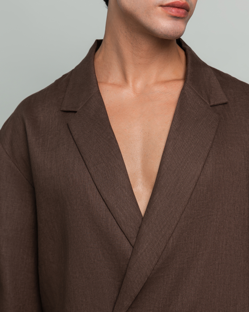 Close up of the open lapel collar on 20Two Elemental SHADE OVER-SHIRT, Desert Dusk brown pure linen, GHAF capsule