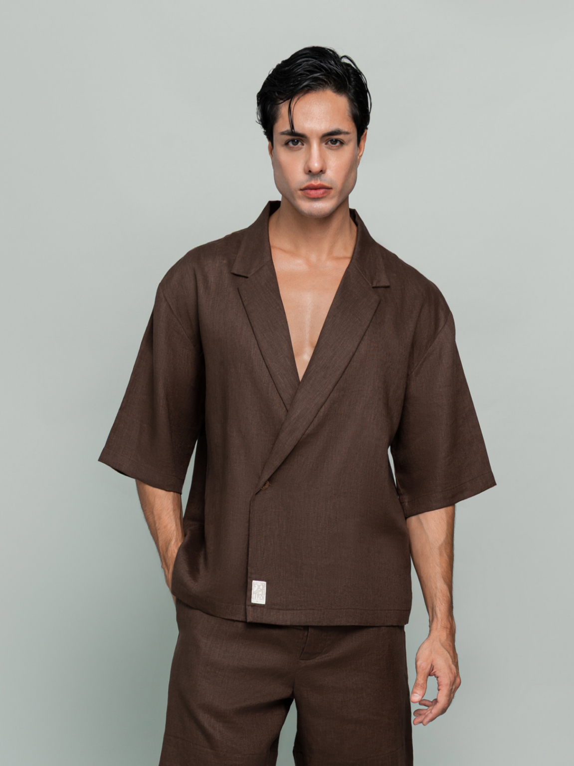 20Two Elemental GRAIN TOP and DRIFT SHORT in Desert Dusk brown pure linen, front view, GHAF capsule
