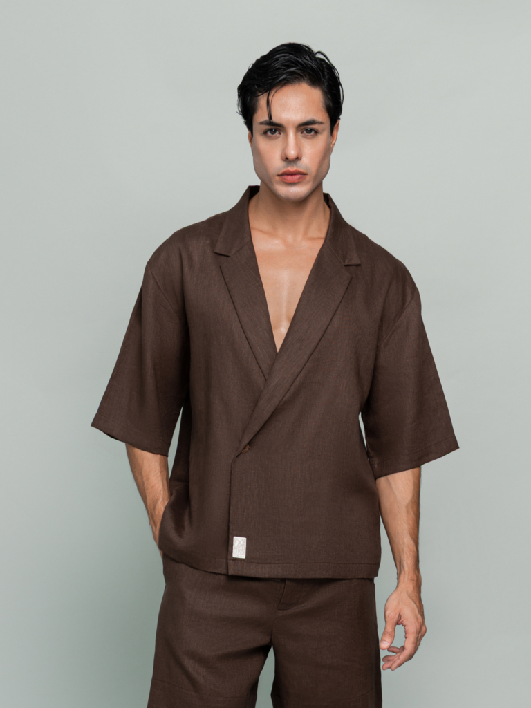 20Two Elemental GRAIN TOP and DRIFT SHORT in Desert Dusk brown pure linen, front view, GHAF capsule