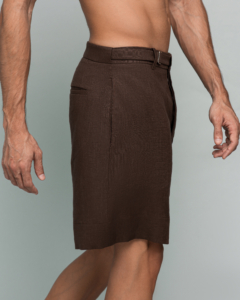 20Two Elemental DRIFT SHORT in Desert Dusk brown linen, side profile walking, GHAF capsule