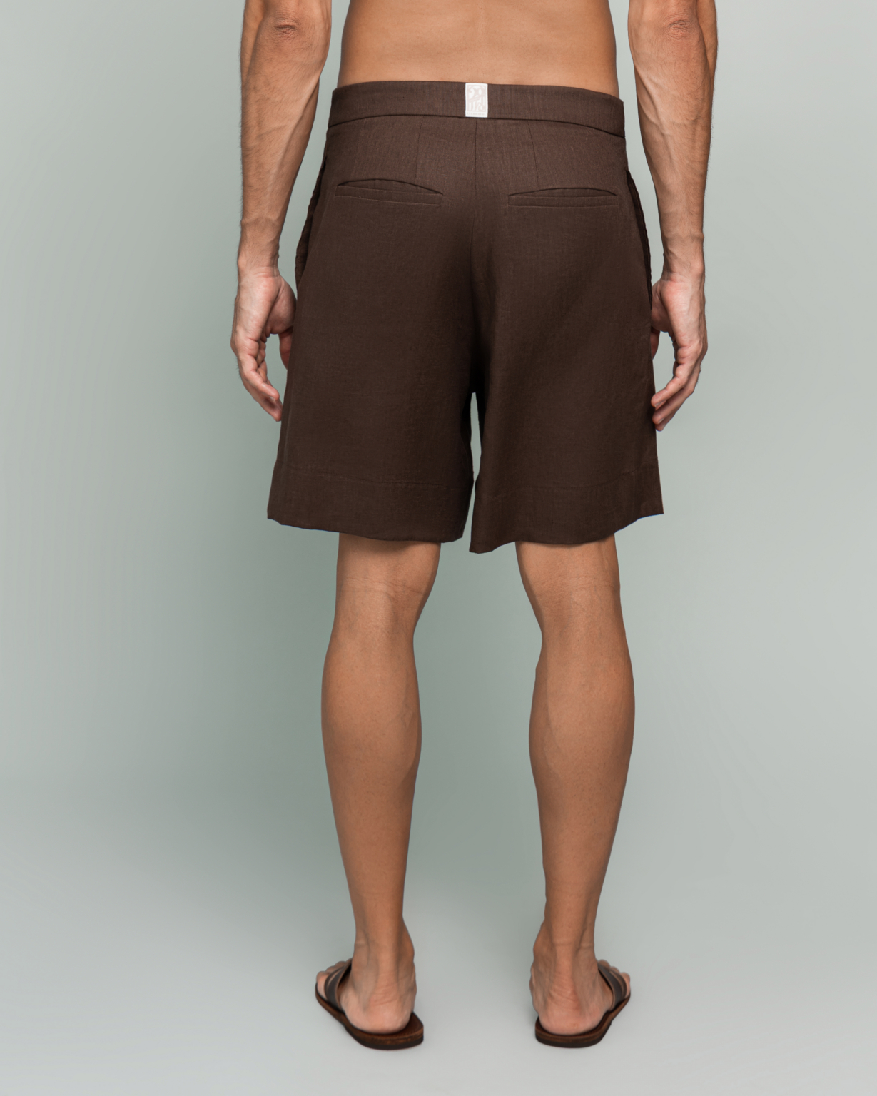 20Two Elemental DRIFT SHORT in Desert Dusk brown linen, back view waist detail, GHAF capsule