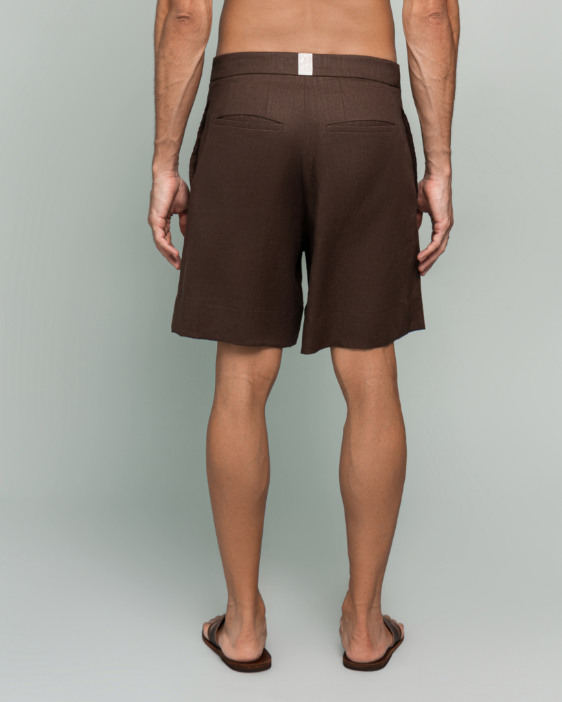 20Two Elemental DRIFT SHORT in Desert Dusk brown linen, back view waist detail, GHAF capsule