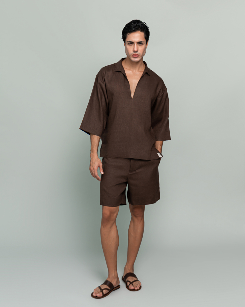 20Two Elemental GRAIN TOP and DRIFT SHORT in Desert Dusk brown pure linen, 3/4 front view, GHAF capsule