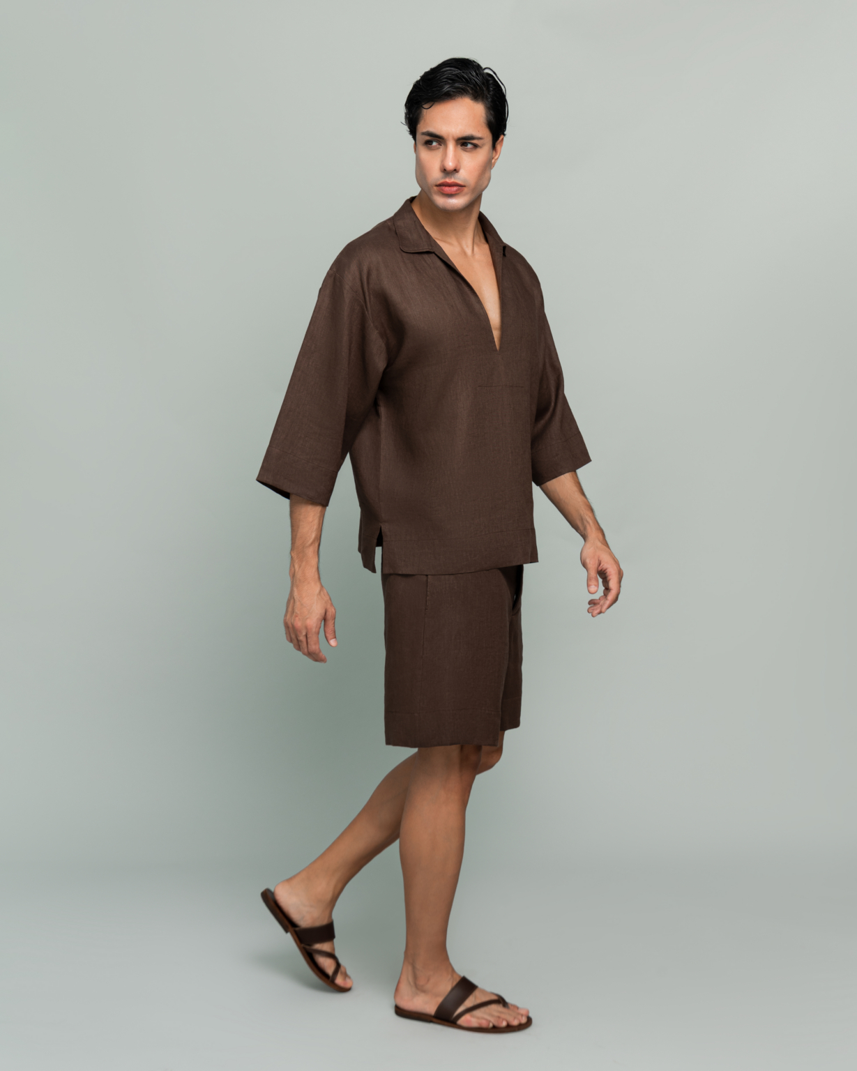 20Two Elemental GRAIN TOP and DRIFT SHORT in Desert Dusk brown pure linen, side profile, GHAF capsule