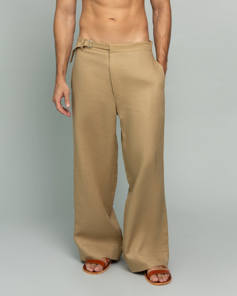 20Two Elemental ROOT TROUSER in Sand Dune tan linen, front waist detail, GHAF capsule collection