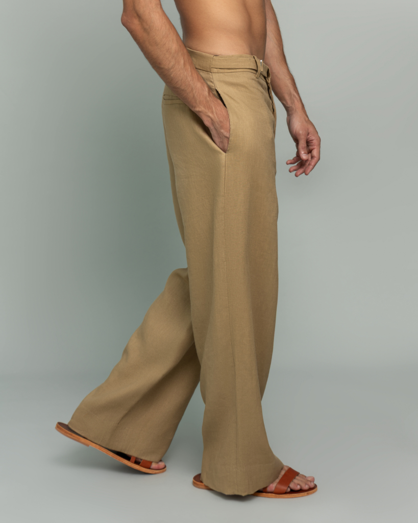 20Two Elemental ROOT TROUSER in Sand Dune tan linen, side profile walking, GHAF capsule