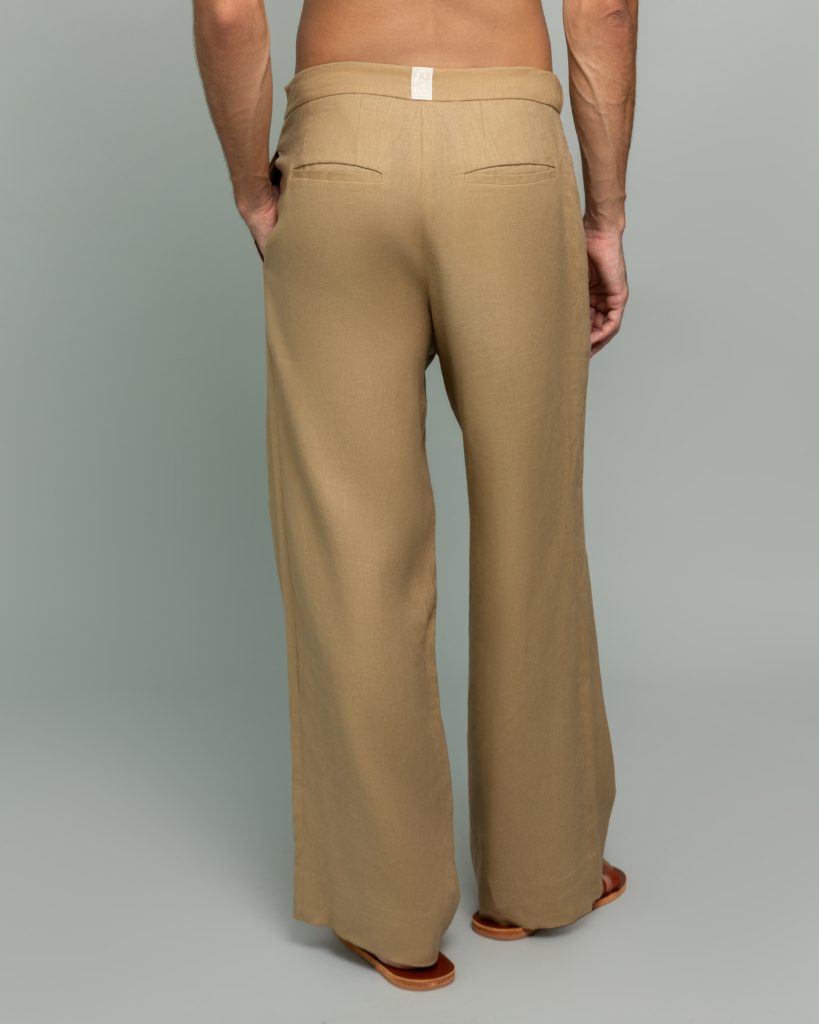 20Two Elemental ROOT TROUSER in Sand Dune tan linen, back view waist detail, GHAF capsule