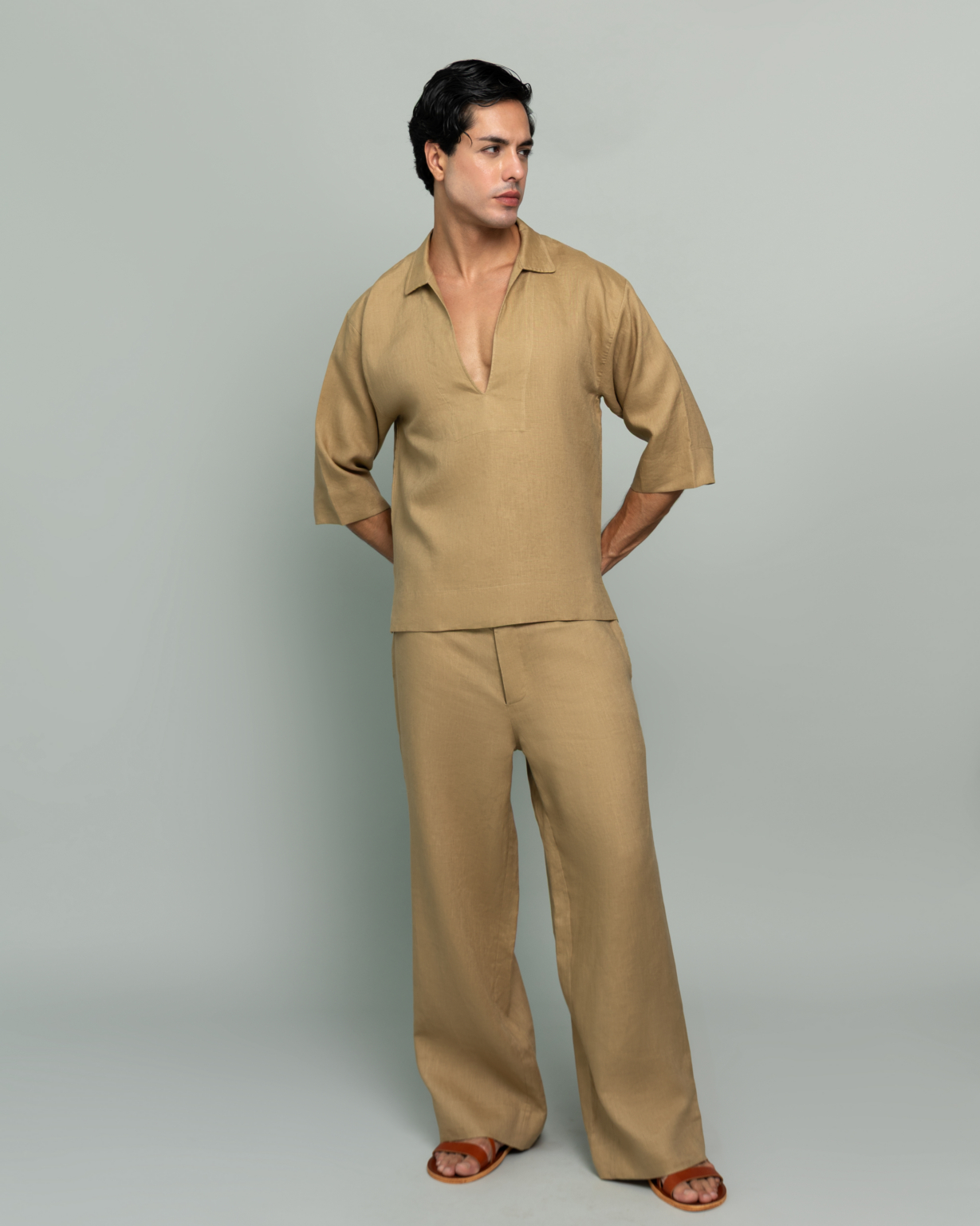 20Two Elemental GRAIN TOP and ROOT TROUSER in Sand Dune tan pure linen, front view, GHAF capsule menswear
