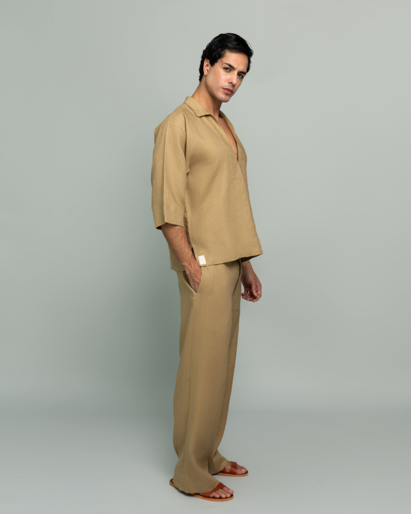 20Two Elemental GRAIN TOP and ROOT TROUSER in Sand Dune tan pure linen, 3/4 front view, GHAF capsule