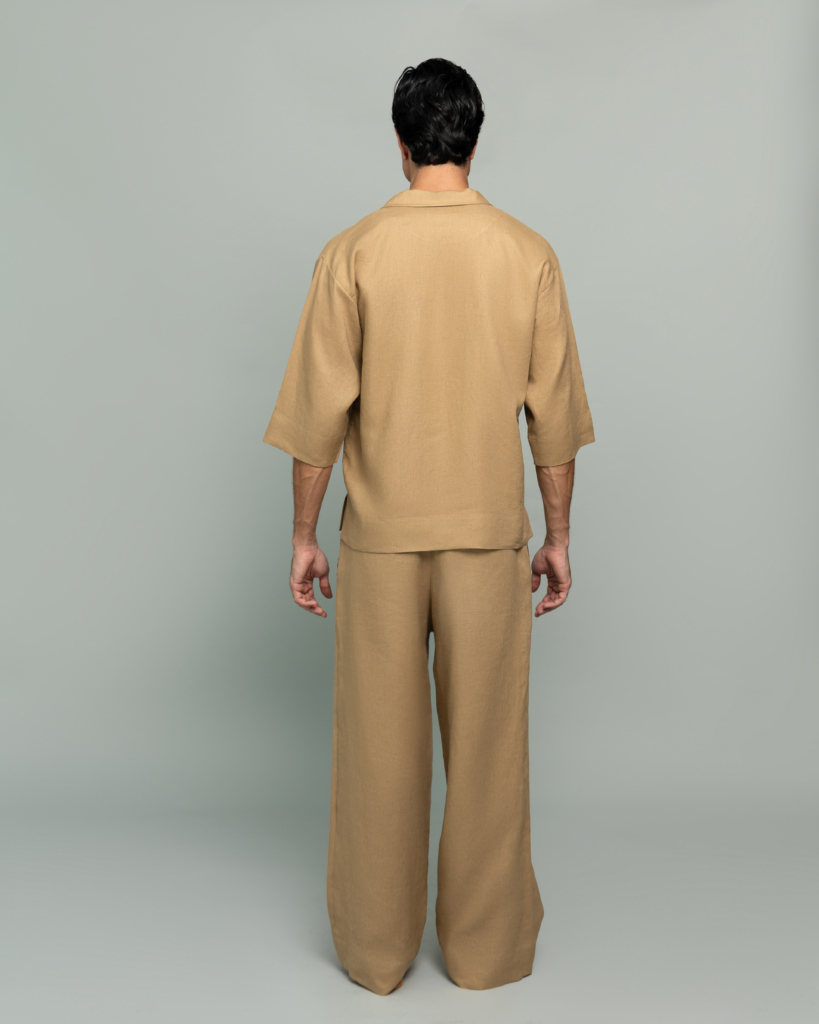 20Two Elemental GRAIN TOP and ROOT TROUSER in Sand Dune tan pure linen, back view, GHAF capsule