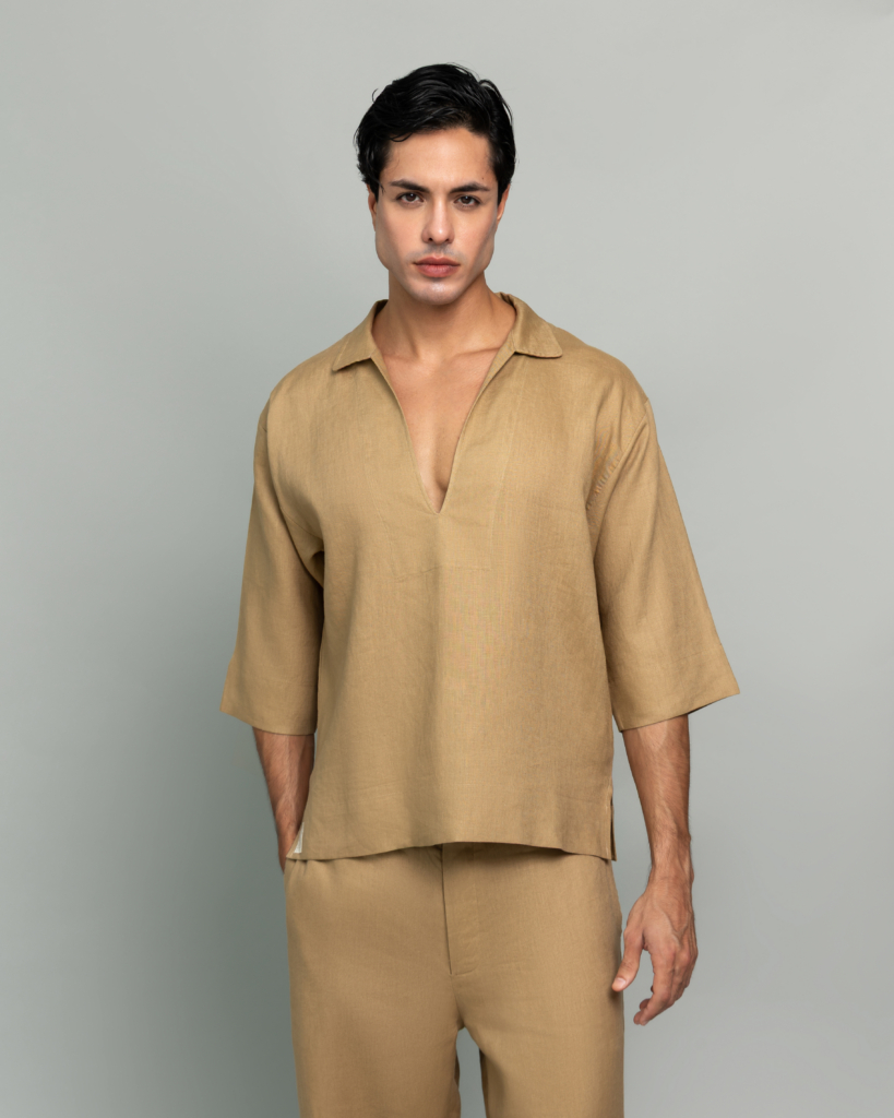 20Two Elemental GRAIN TOP in Sand Dune tan pure linen, front view, no fastening pullover, GHAF capsule