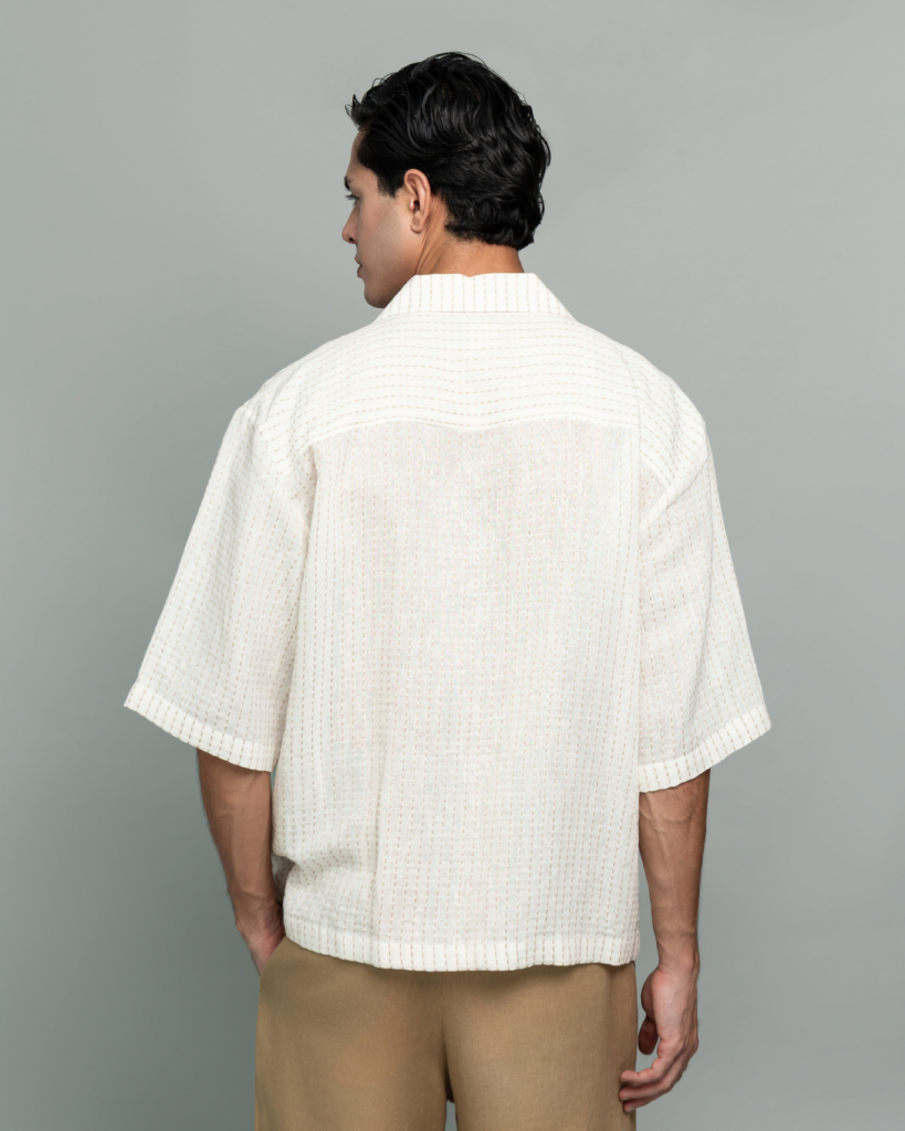 20Two Elemental SHADE OVER-SHIRT in Ivory Dune Stripe linen, back view, worn over Sand Dune ROOT TROUSER, GHAF capsule
