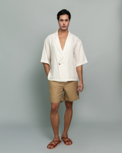 20Two Elemental SHADE OVER-SHIRT in Ivory Dune Stripe worn open over GRAIN TOP and DRIFT SHORT in Sand Dune, front view