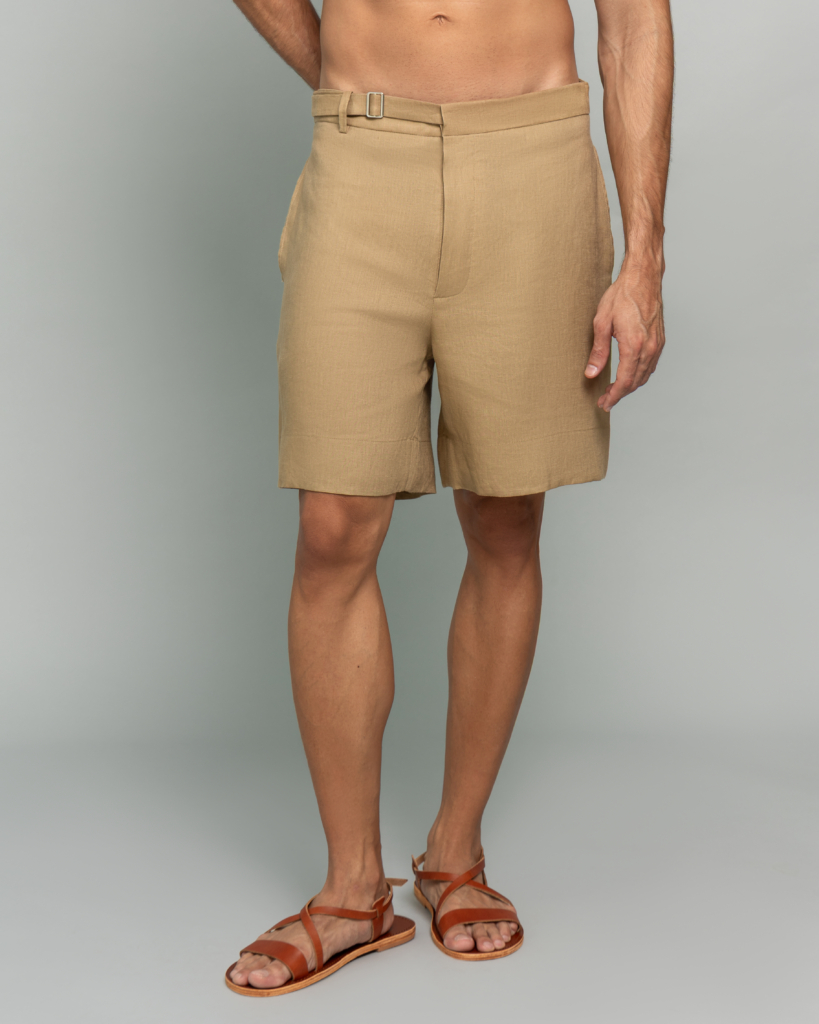 20Two Elemental DRIFT SHORT in Sand Dune tan linen, front waist detail, GHAF capsule