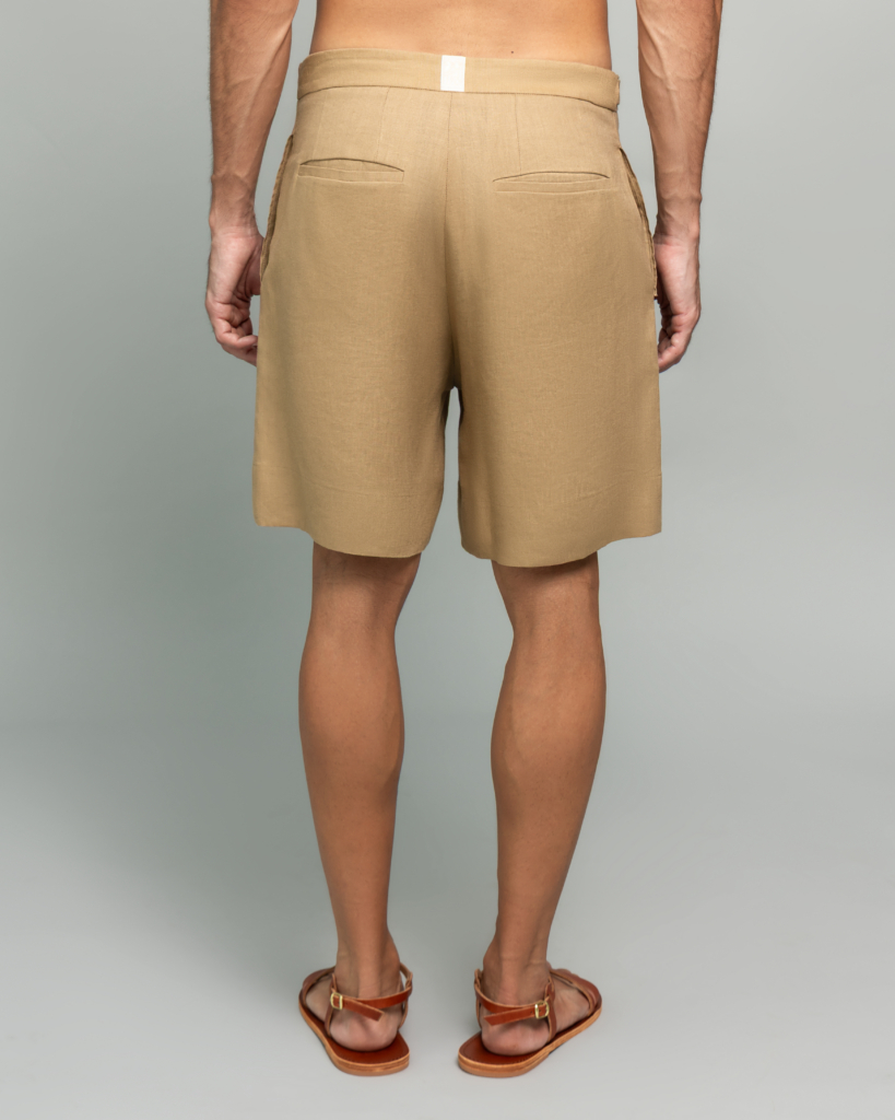 20Two Elemental DRIFT SHORT in Sand Dune tan linen, front full length view, GHAF capsule