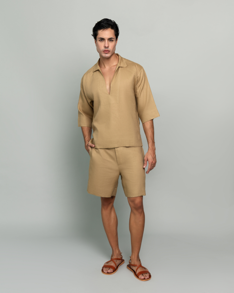 20Two Elemental GRAIN TOP and DRIFT SHORT in Sand Dune tan pure linen, front view, GHAF capsule menswear