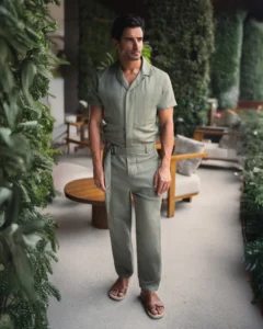 Man in a green 20Two Elemental suite with a Cuban collar, standing in a serene outdoor lounge surrounded by tall greenery. Brown leather sandals and breathable fabric suggest a relaxed vibe, with cushioned seating and a wooden table adding to the tranquil, design-forward atmosphere, front view