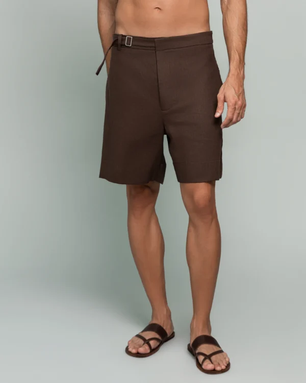 Man wearing 20Two Elemental's GHAF drift short in brown, front view, belted waist, cropped at the torso
