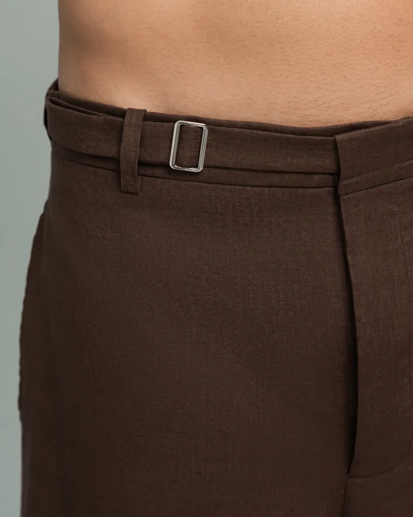 Close-up detail of the belted waist on 20Two Elemental's GHAF drift short in brown