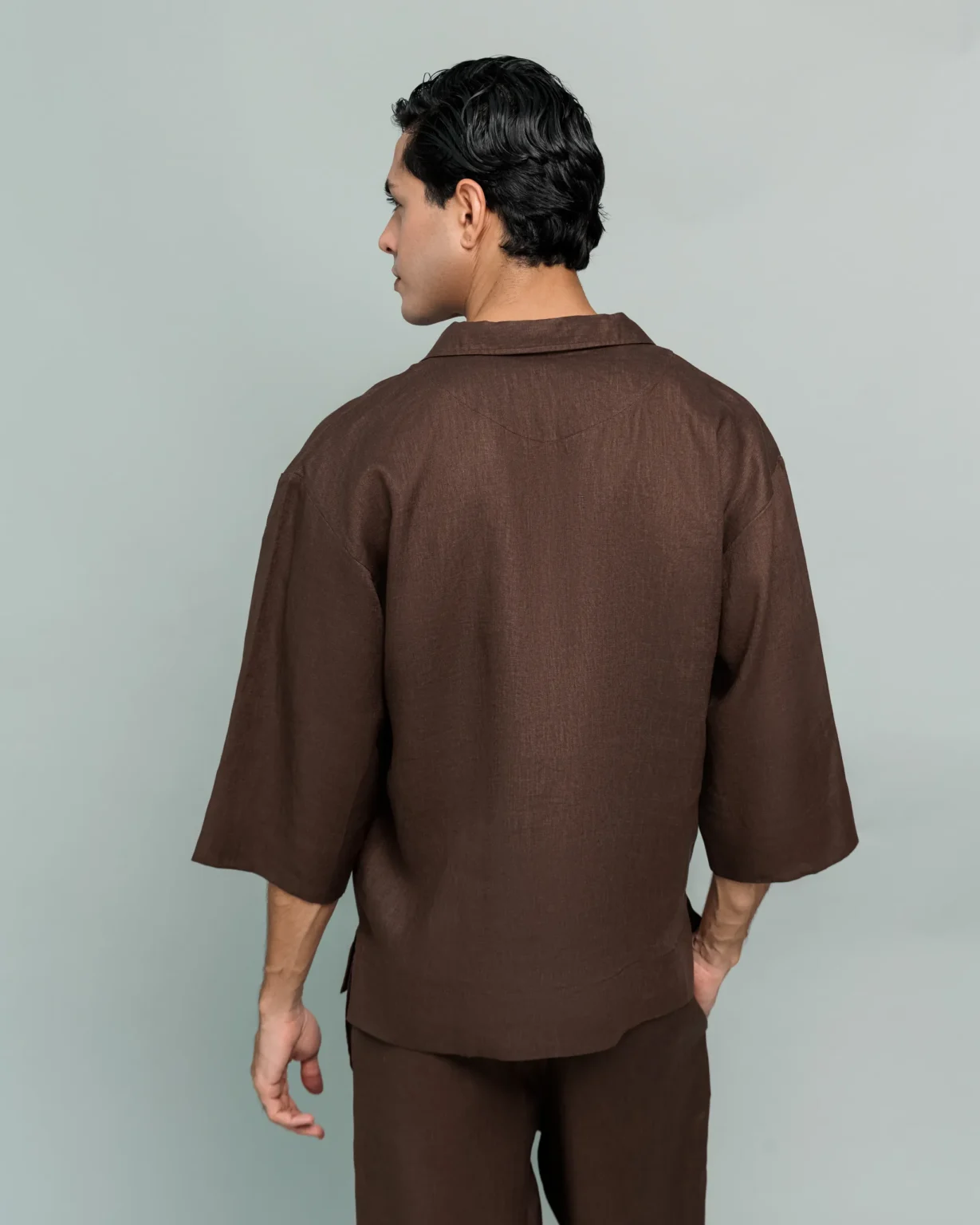 Close-up back detail of 20Two Elemental's GHAF grain-top in brown, dropped shoulder and 3/4 sleeve