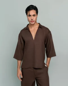 Close-up front detail of 20Two Elemental's GHAF grain-top in brown, relaxed v-neck