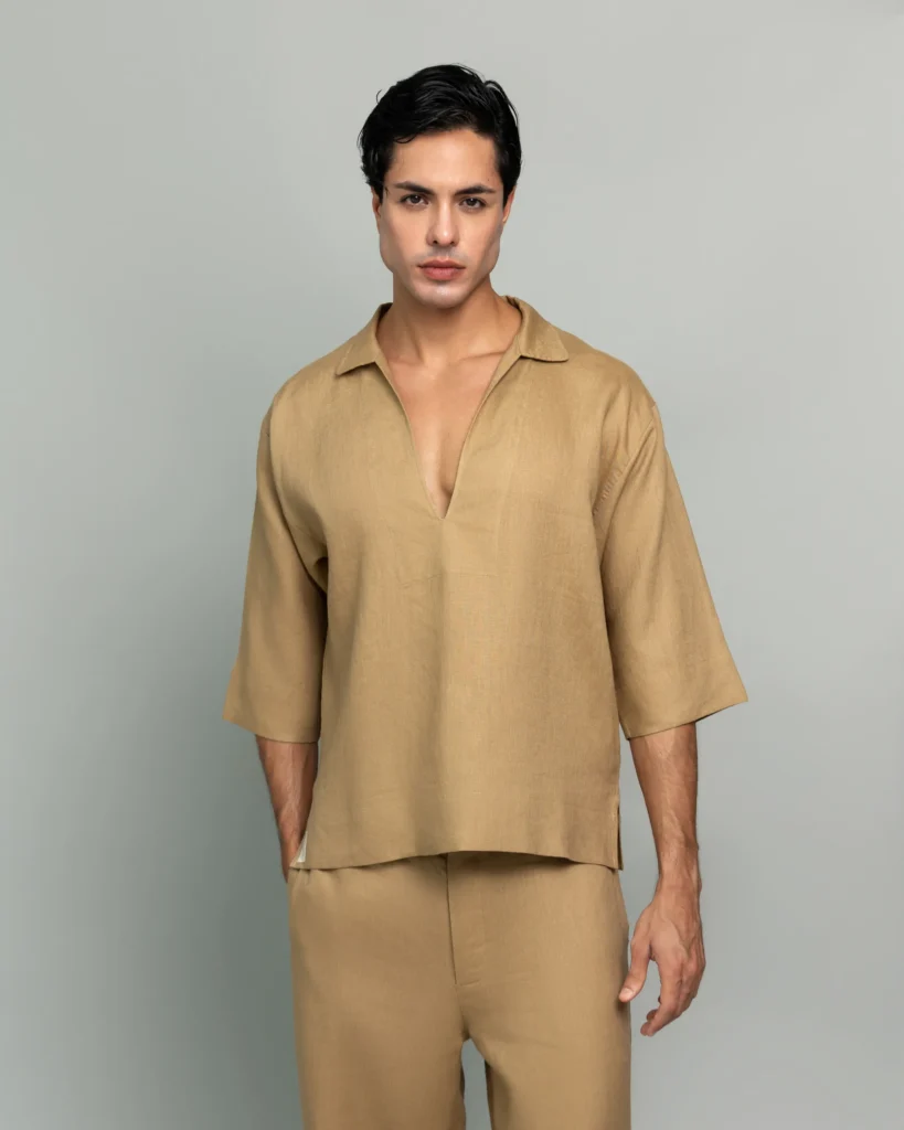 Man wearing 20Two Elemental's GHAF grain-top in desert tan, front medium view