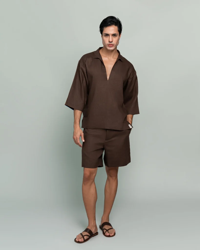Man wearing 20Two Elemental's GHAF over-shirt and drift short set in brown, front view, alternate pose