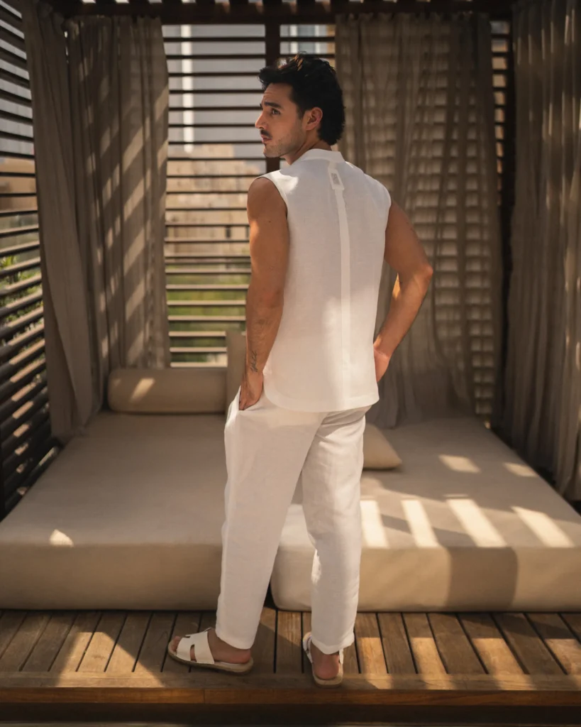 Confident man wearing a stylish natural white, hemp and bamboo blend sleeveless shirt with mandarin collar and long pant set from 20Two Elemental, standing in front of a modern outdoor cabana with filtered sunlight, back view